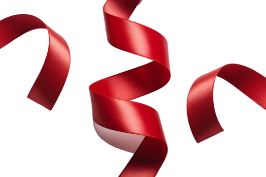Three vibrant red satin ribbons, swirling and flowing 