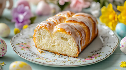A slice of braided Easter bread with sugar glaze, placed on a festive plate with decorative pastel-colored flowers and eggs.
