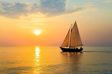 Fototapeta premium Peaceful journey of a sailboat at sunset, mirrored in shimmering golden waters 