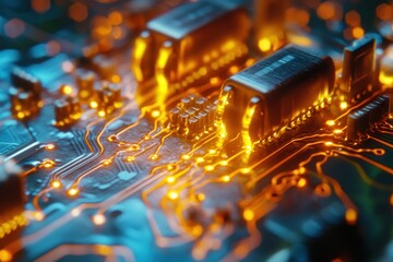 Fototapeta premium High-resolution close-up of a circuit board showcasing visible electricity in vibrant detail.