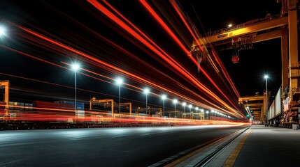 Fototapeta premium A cargo terminal at night, with long exposure streaks of light from moving cranes and ship operations.