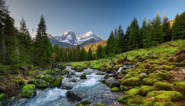 Mountain forest landscape with a winding stream, moss-covered rocks, and distant snow-capped peaks.