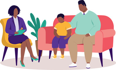 Plus Size Black Father Bringing His Depressed Little Son To See A Child Psychologist.