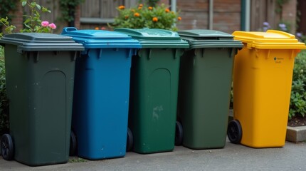 Colorful recycling bins lined up outdoors for waste sorting and environmental sustainability in urban residential area