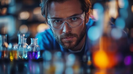 A focused engineer studies vibrant chemical reactions in various flasks during a synthesis process at a petrochemical facility, showcasing advanced automation and engineering techniques.