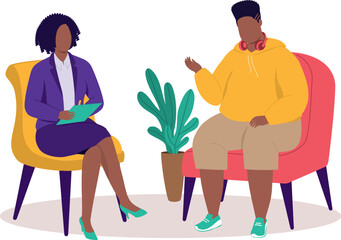 Plus Size Black Teenage Boy On Couch Talking To His School Counsellor During A Counselling Session.