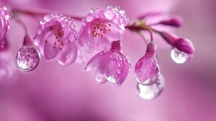 Fototapeta premium A close-up of a delicate cherry blossom branch with raindrops glistening under the morning sun.