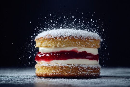 Delicious victoria sponge cake with whipped cream and strawberry jam filling, being sprinkled with icing sugar on a dark background
