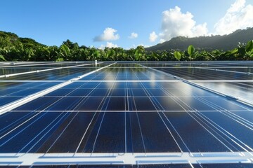 A solar panel array installation on a rooftop, framed against a lush, green landscape and a bright blue sky with scattered clouds in a tropical environment.