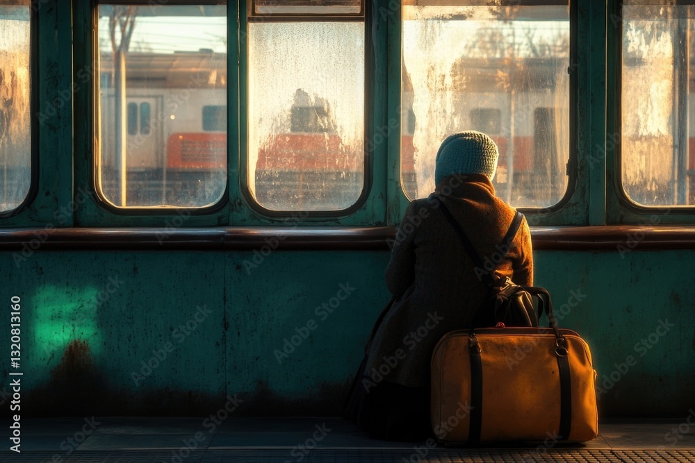 Poster a person sits on a train with a suitcase, ready for their journey