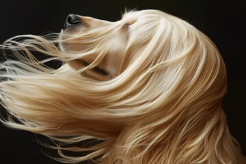 Naklejka premium Cocker spaniel with long, flowing blond fur gracefully blowing in the wind against a dark background, capturing the beauty and elegance of the breed