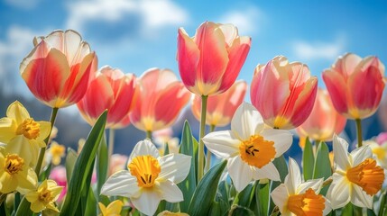 A colorful meadow filled with blooming tulips and daffodils under a bright blue sky, symbolizing the essence of vibrant spring.