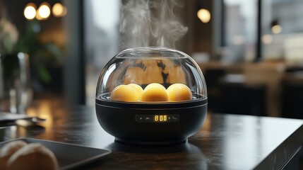 A compact electric egg cooker steaming eggs with a transparent lid.