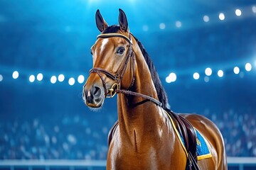 Elegant brown horse with a bridle standing in a brightly lit arena, prepared for equestrian sports, racing, or competition events