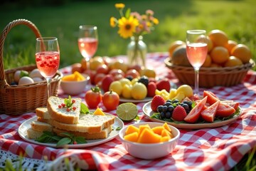 Outdoor Summer Picnic with Fresh Fruits, Bread, Drinks, and Colorful Food on Checkered Blanket
