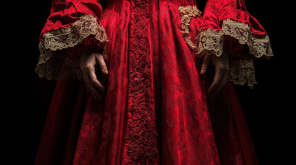 A majestic ruby red Victorian-style dress with ornate lace trim and dramatic bishop sleeves, elegantly showcased against a solid black background