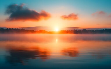 Obraz premium Sunrise Serenity: The sun ascends over a tranquil lake, painting the sky with hues of orange and blue. The water mirrors the vibrant colors, evoking feelings of peace and hope.