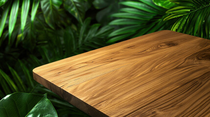 close up view of empty wooden tabletop set against lush green background, showcasing natural grain and texture of wood, evoking sense of tranquility and connection to nature