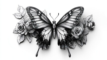 Elegant butterfly with roses; delicate design; beautiful illustration; high-quality image