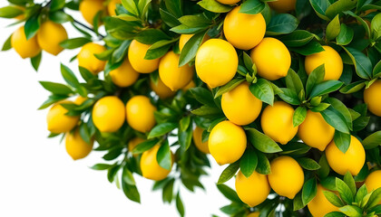 Fresh Yellow Lemons Growing on Branch with Green Leaves