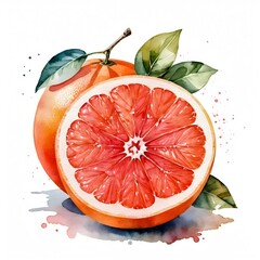 Fresh citrus grapefruit with green leaves, a juicy and healthy fruit