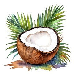 Isolated ripe coconut with green leaves, a fresh tropical fruit
