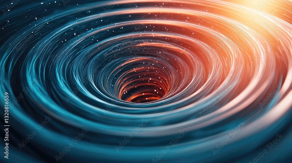 Poster 3D abstract art background concept. An abstract representation of a swirling vortex with glowing particles.