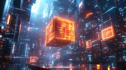 Futuristic digital cube floating in a technologically advanced environment