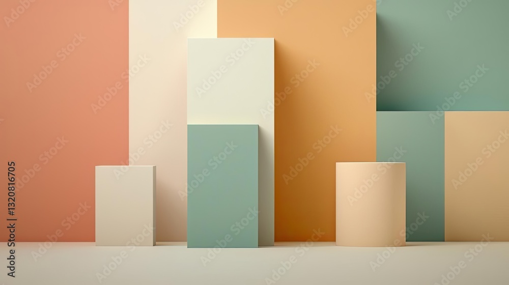 Poster Geometric shapes illustration abstract background idea. Abstract blocks in pastel colors create a modern and minimalistic aesthetic.