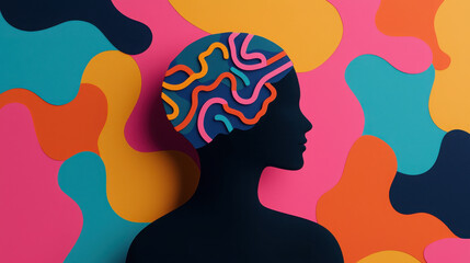 Stylized silhouette of head with colorful abstract patterns representing creativity and decision making against vibrant background
