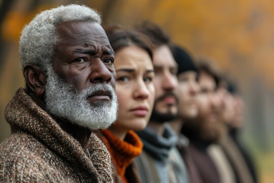 A diverse group of people, expressing contemplative emotions, standing in a line outdoors, evoking feelings of solidarity and unity, with a background of autumn foliage.