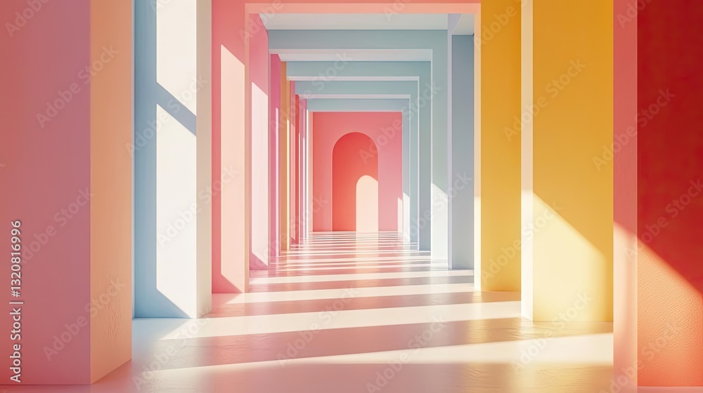 Aufkleber Geometric shapes illustration abstract background idea. Bright and colorful hallway with vibrant archways and soft light creating a serene atmosphere.