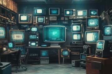 Obraz premium An array of vintage CRT televisions and computers displaying digital information in a cluttered room filled with outdated technology, creating a nostalgic tech atmosphere.