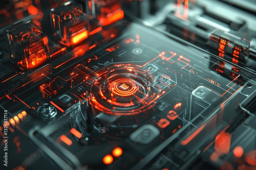 Poster a futuristic close-up of a computer motherboard with intricate circuits and glowing red lights, disp