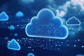Digital clouds representing cloud migration with data transfer and connectivity. This futuristic image illustrates concept of cloud computing and technology advancement