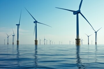 A vast offshore wind farm with many turbines generating clean electricity in a tranquil ocean, reflecting the blue sky and providing a sustainable energy solution, a power source.