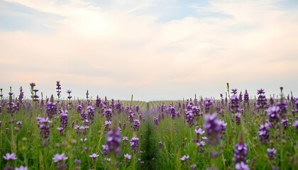 Expansive Lavender Field Under Soft Blue Sky During Golden Hour