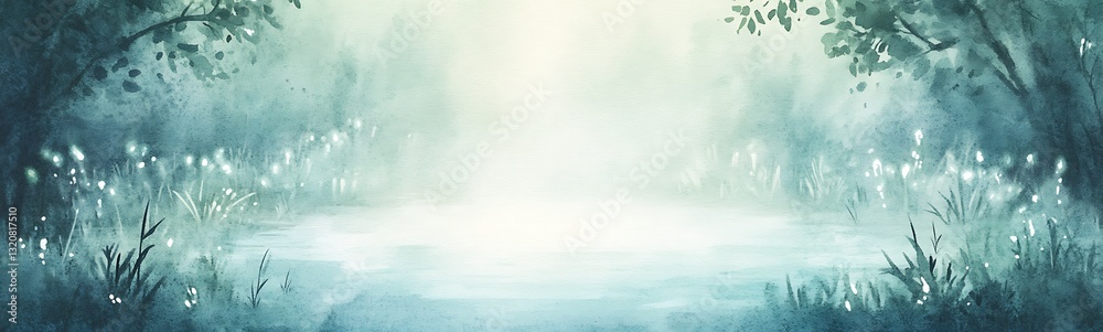 Poster Serene misty forest scene with soft light reflecting on water.