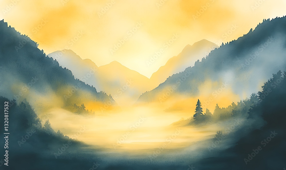 Aufkleber serene misty mountains at dawn with soft golden hues and a tranquil atmosphere.
