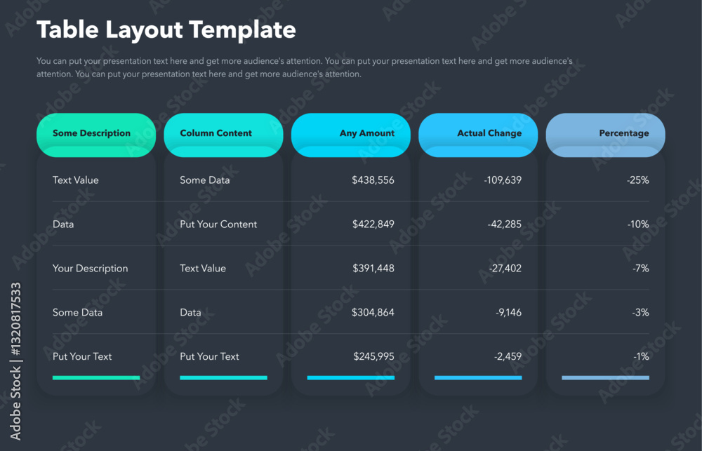 Poster Table layout template with five colorful columns - dark version. Simple presentation template for data visualization.