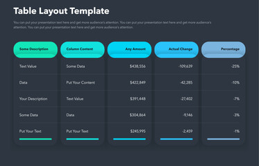 Table layout template with five colorful columns - dark version. Simple presentation template for data visualization.