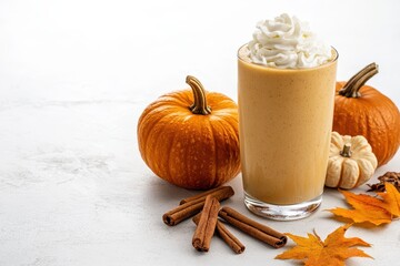 Creamy Pumpkin Smoothie Topped with Whipped Cream and Surrounded by Autumn Decor Elements