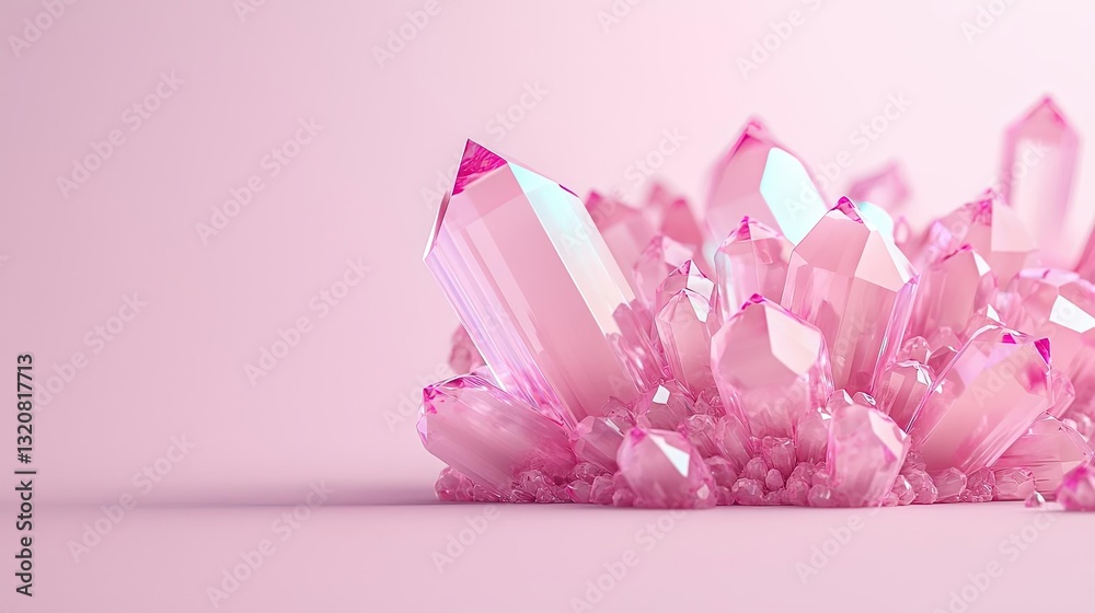 Poster 3d abstract art background concept. beautiful pink crystal formations gleaming on a soft pink backgr