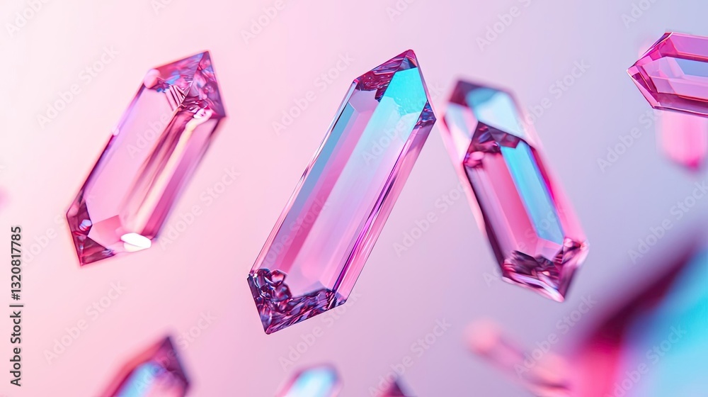 Poster 3D abstract art background concept. Vibrant pink crystals floating against a soft gradient background, creating a mesmerizing effect.