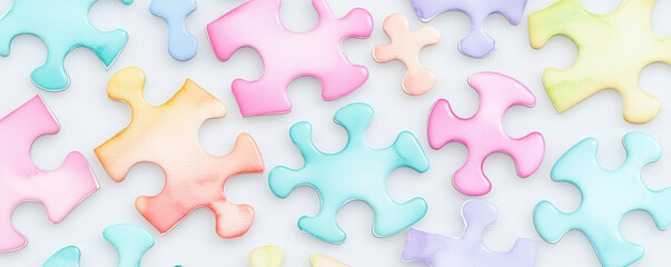 Colorful interlocking puzzle pieces with watercolor texture create playful and vibrant background. Perfect for creative projects and designs