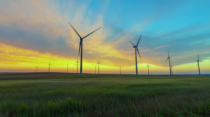 Obraz premium Stunning sunset over wind farm with vibrant sky and wind turbines on green field