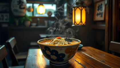 Obraz premium Warm Bowl of Noodles with Steam in Cozy Restaurant Setting
