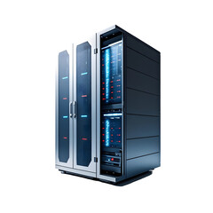 A high-tech server rack with glowing blue and red indicator lights,