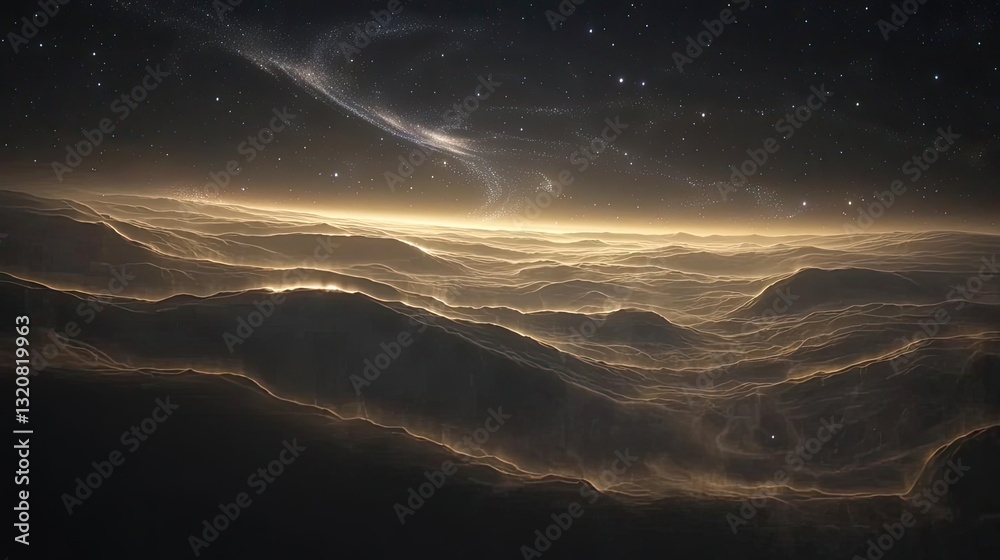 Poster dark sky idea. a surreal view of clouds under a starry night, merging nature and universe.