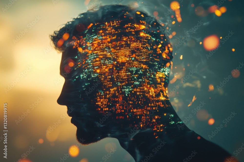 Poster abstract digital representation of human intelligence, featuring a man's profile silhouette filled w